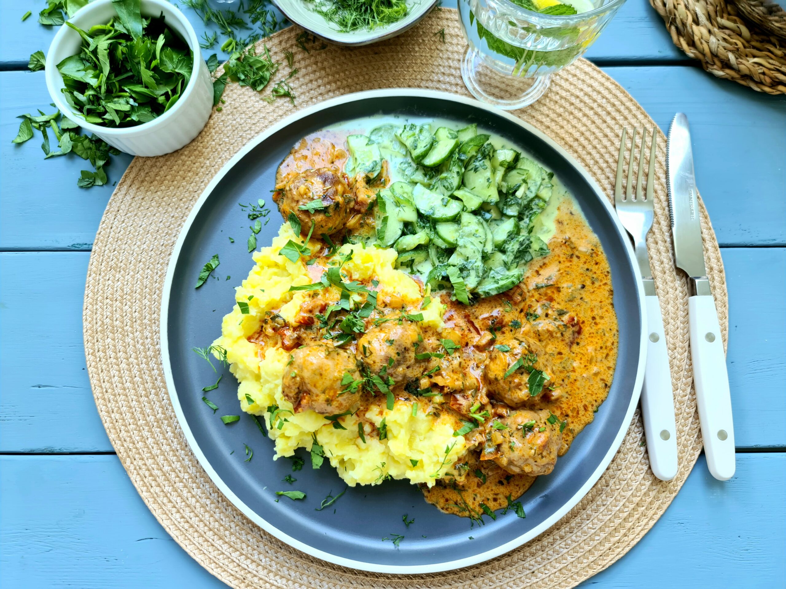 Toskanische Hackfleischbällchen mit cremigem Kartoffelpüree & Gurkensalat