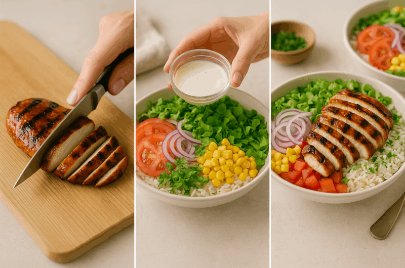 🍗 Schnelle BBQ-Hähnchen-Bowl mit Romanasalat, Mais, Ranch-Dressing & Langkorn-Kräuterreis