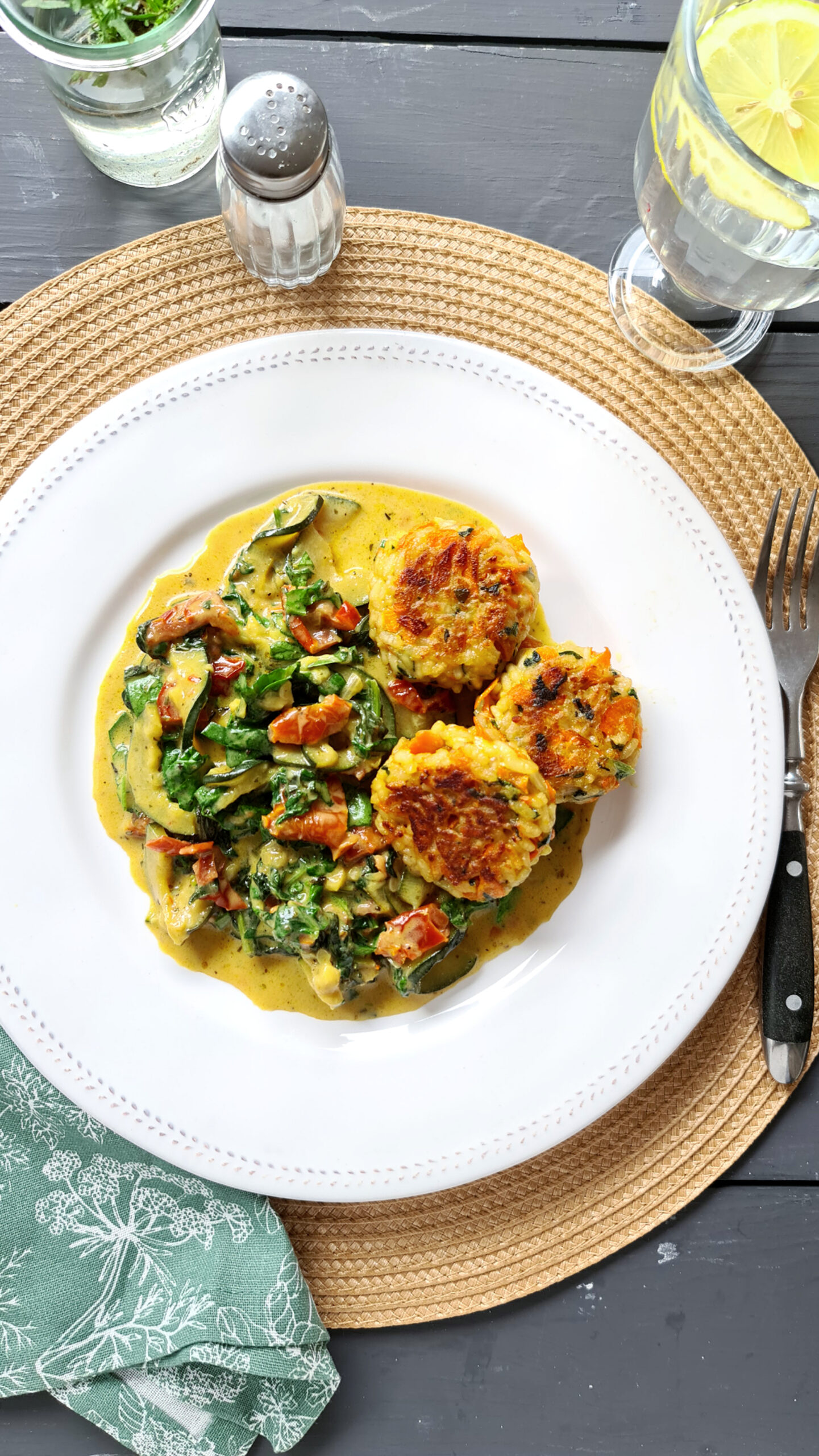Herzhafte Möhren-Reis-Frikadellen mit Zucchini-Rahmgemüse & Spinat